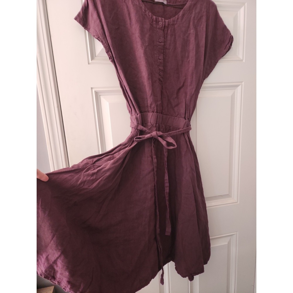 Menique Women's 100% Linen Tie Dress Sz Large Plum Dusty Pockets Brigit 1700